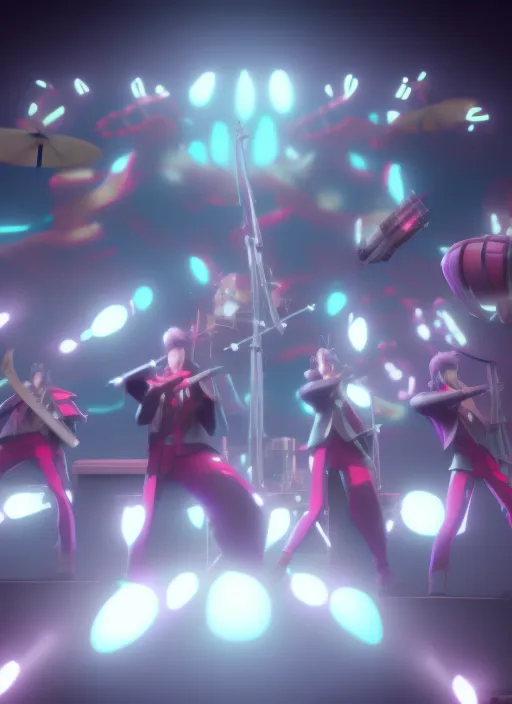 a wholesome animation key shot of a band behemoth performing on stage, medium shot, studio and  animation, 3 d, sharp, rendered in unreal engine 5, anime key art by , bloom, dramatic lighting, 8k extreme quality