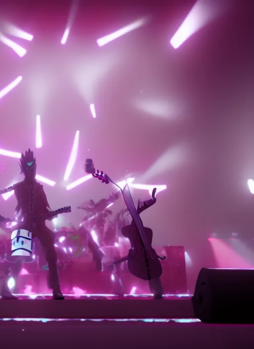 a wholesome animation key shot of a band behemoth performing on stage, medium shot, studio and  animation, 3 d, sharp, rendered in unreal engine 5, anime key art by , bloom, dramatic lighting, 8k extreme quality