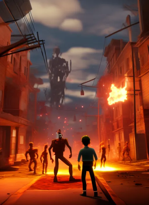 a battle in the ruined streets at night between 3 d pixar disney zombies and 3 d heroic survivor in the style of pixar walkind dead, being lit by fireflames, medium shot, studio ghibli, pixar and disney animation, sharp, rendered in unreal engine 5, anime key art by greg rutkowski, bloom, dramatic lighting extreme quality in 8k