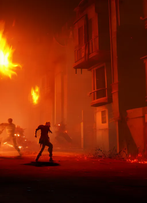 a battle in the ruined streets at night between 3 d pixar disney zombies and 3 d heroic survivor in the style of pixar walkind dead, being lit by fireflames, medium shot, studio ghibli, pixar and disney animation, sharp, rendered in unreal engine 5, anime key art by greg rutkowski, bloom, dramatic lighting extreme quality in 8k