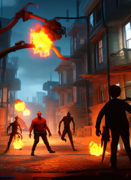 a battle in the ruined streets at night between 3 d pixar disney zombies and 3 d heroic survivor in the style of pixar walkind dead, being lit by fireflames, medium shot, studio ghibli, pixar and disney animation, sharp, rendered in unreal engine 5, anime key art by greg rutkowski, bloom, dramatic lighting extreme quality in 8k defination focus on boy