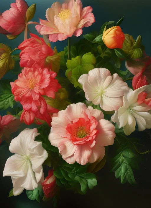 hyper-realistic painting of a bouquet of flowers, with each petal and leaf rendered in exquisite detail.