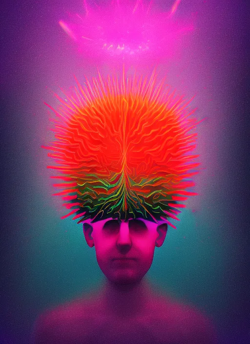 illustrative synthwave art of a head exploding with creative ideas digital art