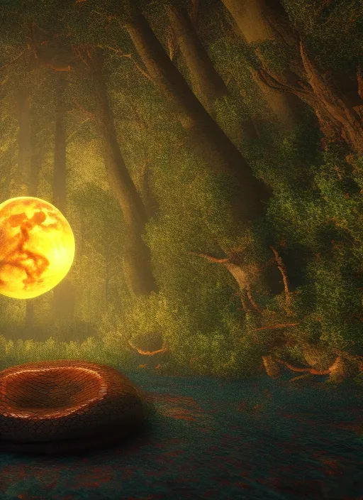 a cosmic snake in the forest around fire, full moon, stars, sacred geometry, full hd, 8k, hyper realistic