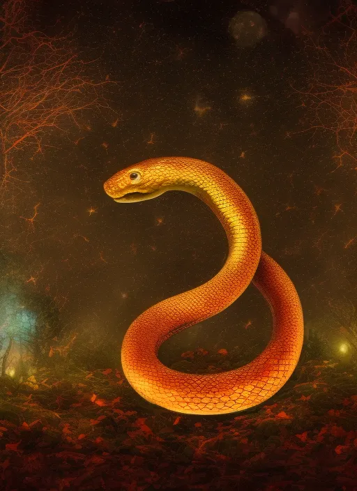a cosmic snake in the forest around fire, full moon, stars, sacred geometry, full hd, 8k, hyper realistic