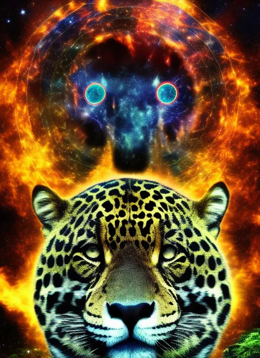 “a Cosmic Jaguar in the Forest Around a Fire, Full Moon, Stars, and Sacred Geometry, Full HD, 8k, Hyper Realistic. add a galaxy”
