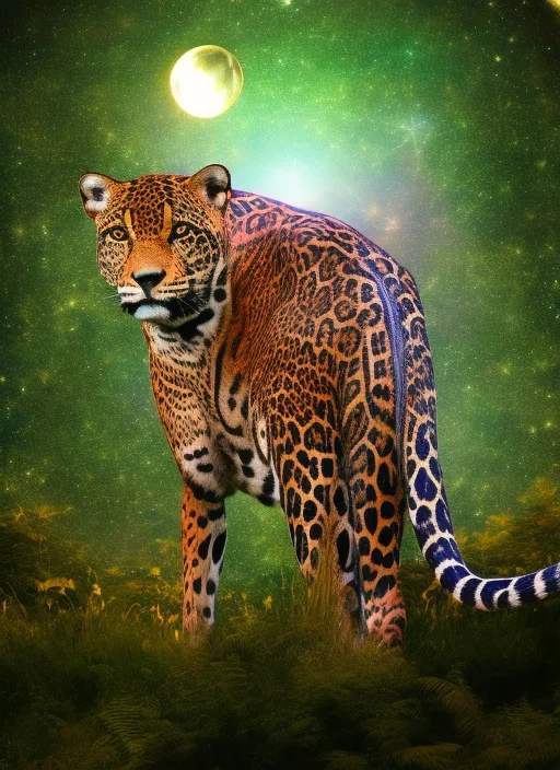 “a Cosmic Jaguar in the Forest, Full Moon, Stars, and Sacred Geometry, Full HD, 8k, Hyper Realistic. add a galaxy”