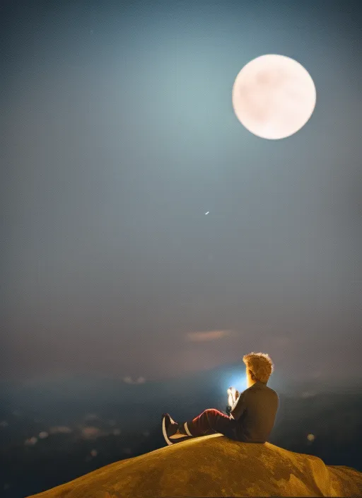 A stylish boy sitting on the top of mountain and watching the moon in dark night