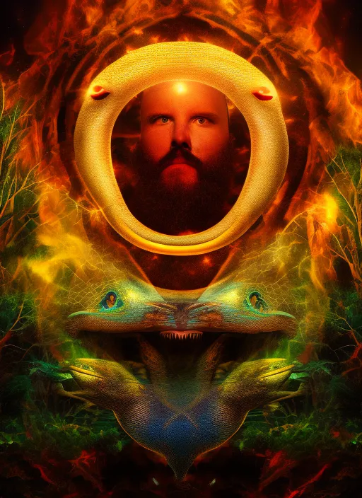 “a Cosmic Snake head in the Forest Around a Fire, Full Moon, Stars, and Sacred Geometry, Full HD, 8k, Hyper Realistic. add a galaxy”