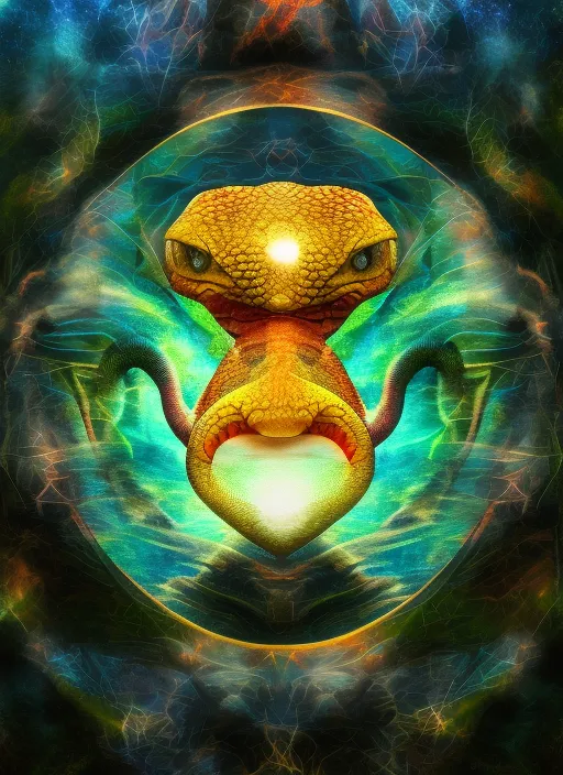 “a Cosmic Snake portrait in the Forest Around a Fire, Full Moon, Stars, and Sacred Geometry, Full HD, 8k, Hyper Realistic. add a galaxy”