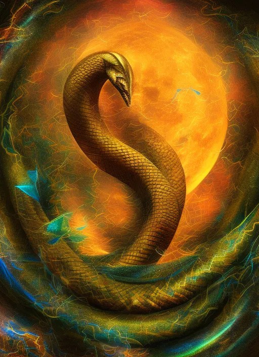 “a Cosmic Snake in the Forest Around a Fire, Full Moon, Stars, and Sacred Geometry, Full HD, 8k, Hyper Realistic. add a galaxy”