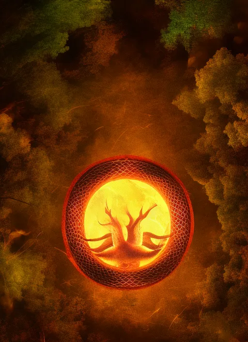 “a Snake in the Forest Around a Fire, Full Moon, Stars, and Sacred Geometry, Full HD, 8k, Hyper Realistic. add a galaxy”