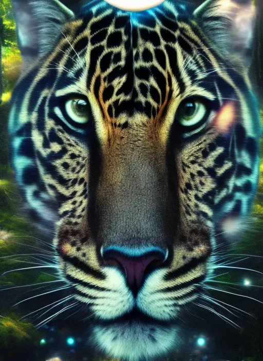 “a panter in the Forest, Full Moon, Stars, and Sacred Geometry, Full HD, 8k, Hyper Realistic. add a galaxy”
