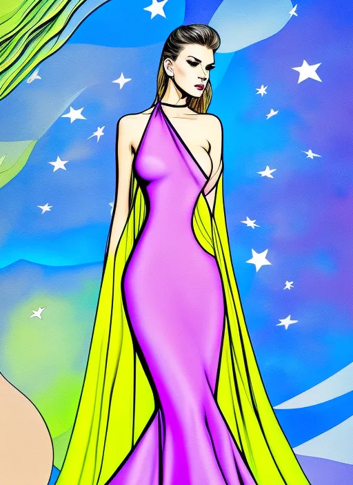  semi realistic gouche, attractive, in a pastel lilac solid color and thick uneven outline, high res beautiful lighting, comic book cover. celestial futuristic model wearing a neon yellow glitter extra long tail dress, walking the digital runway, retrowave, synthwave, 8k, Land art, acting headshot, celestial. verdant, 8k, semi realistic gouache painting, cyberpunk art, hdri, art,  isometric top down left view, futuristic