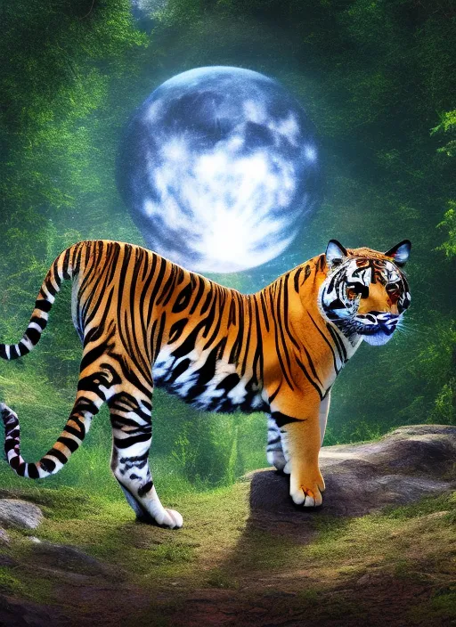 “a tiger, panter, jaguar in the Forest, Full Moon, Stars, Sacred Geometry, Full HD, 8k, Hyper Realistic. detailed, add a galaxy”