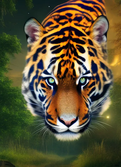 “a tiger, panter, jaguar in the Forest, Full Moon, Stars, Sacred Geometry, Full HD, 8k, Hyper Realistic. detailed, add a galaxy”