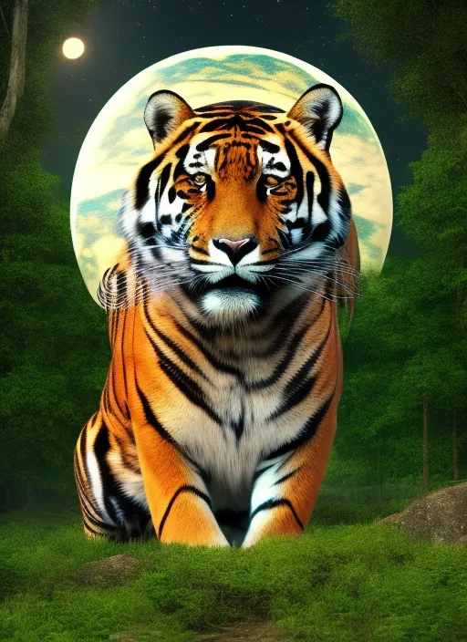 “a tiger, panter, jaguar in the Forest, Full Moon, Stars, Sacred Geometry, Full HD, 8k, Hyper Realistic. detailed, add a galaxy”