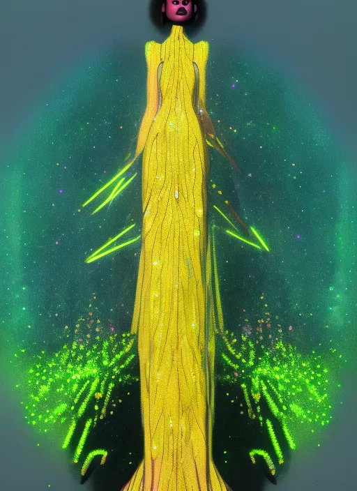  celestial futuristic model wearing a neon yellow glitter wedding dress, 8k, Land art, acting headshot, celestial. verdant, 8k, semi realistic gouache painting, cyberpunk art, hdri, art, isometric top down left view, 
