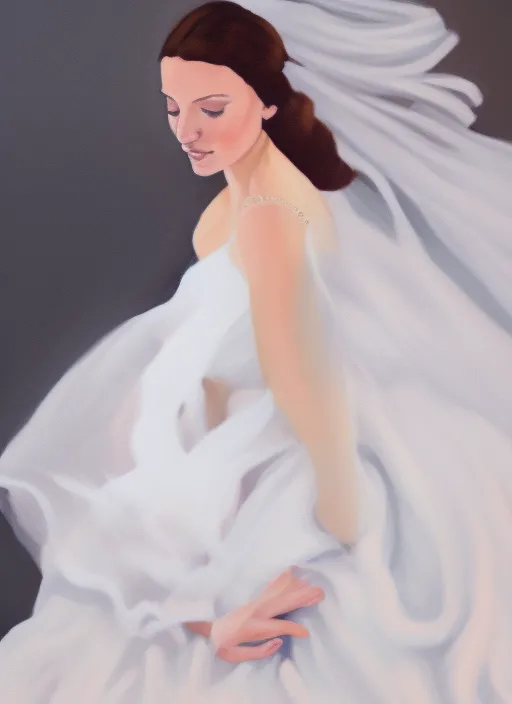 semi realistic gouache painting of model in wedding dress with flowing wind, romantic art, hdri, art, isometric top down left view. ultra realistic