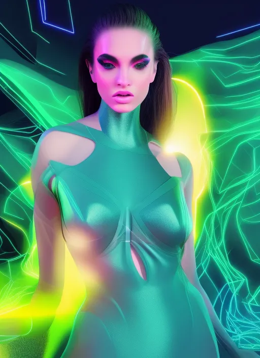  futuristic beautiful model wearing a neon yelow glitter extra long tail dress walking the digital runway, retrowave, synthwave, 8k, Land art, acting headshot, celestial. verdant, 8k, semi realistic gouache painting, cyberpunk art, hdri. attractive, in pastel solid color and thick uneven outline, high res beautiful lighting, comic book cover