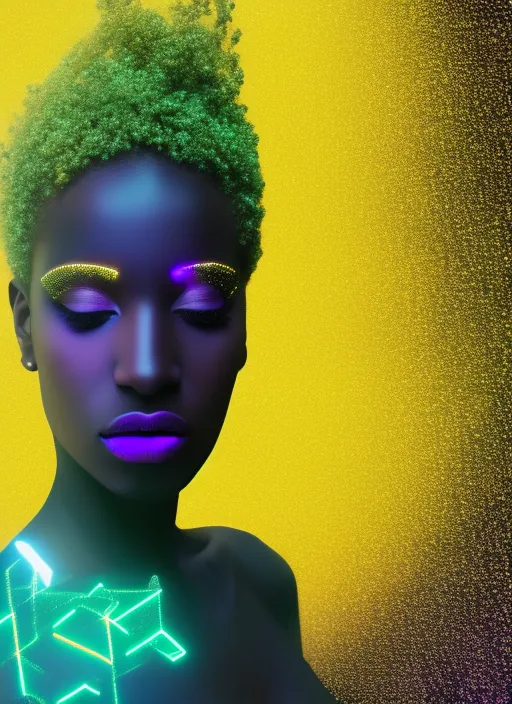  futuristic beautiful black model wearing a neon yelow glitter extra long tail dress walking the digital runway, retrowave, synthwave, 8k, Land art, acting headshot, celestial. verdant, 8k, semi realistic gouache painting, cyberpunk art, hdri. attractive, in pastel solid color and thick uneven outline, high res beautiful lighting, comic book cover