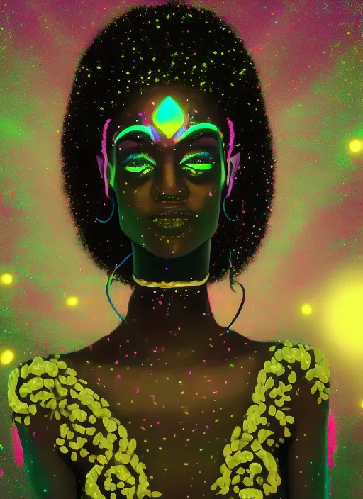 Romantic, Beautiful Black Model Wearing a Neon Yellow Glitter Long Tail Dress Walking the Digital Runway, Retrowave, Synthwave, 8K, Land Art, Acting Headshot, Celestial. Verdant, 8k, Semi Realistic Gouache Painting, Cyberpunk Art, HDR. 