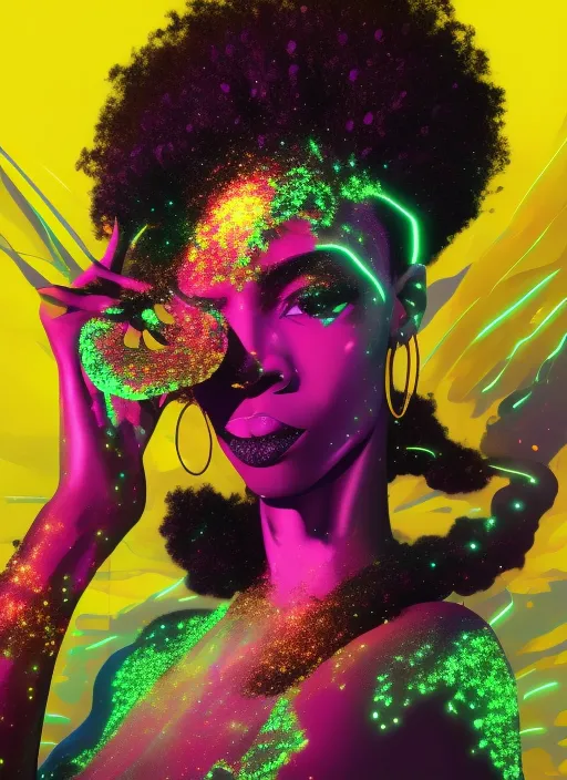 Galaxy, Beautiful Black Model Wearing a Neon Yellow Glitter Long Tail Dress Walking the Digital Runway, Retrowave, Synthwave, 8K, Land Art, Acting Headshot, Celestial. Verdant, 8k, Semi Realistic Gouache Painting, Cyberpunk Art, HDR. Add gorgeous curls that flowy and bouncy