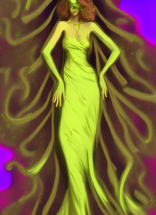 Beautiful Selena Wearing a Neon Yellow Glitter Long Tail Dress Walking the Digital Runway, Retrowave, Synthwave, 8K, Land Art, Acting Headshot, Celestial. Verdant, 8k, Semi Realistic Gouache Painting, Cyberpunk Art, HDR. Add gorgeous curls that flowy and bouncy