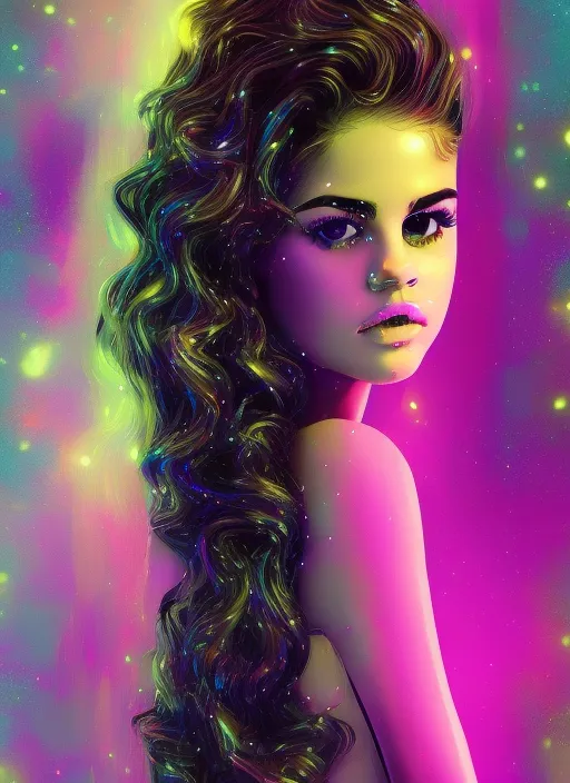 Beautiful Selena Gomez Wearing a Neon Yellow Glitter Long Tail Dress Walking the Digital Runway, Retrowave, Synthwave, 8K, Land Art, Acting Headshot, Celestial. Verdant, 8k, Semi Realistic Gouache Painting, Cyberpunk Art, HDR. Add gorgeous curls that flowy and bouncy