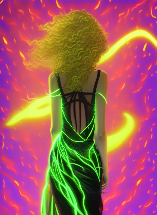 Wearing a Neon Yellow Glitter Long Tail Dress Walking the Digital Runway, Retrowave, Synthwave, 8K, Land Art, Acting Headshot, Celestial. Verdant, 8k, Semi Realistic Gouache Painting, Cyberpunk Art, HDR. Add gorgeous curls that flowy and bouncy. 