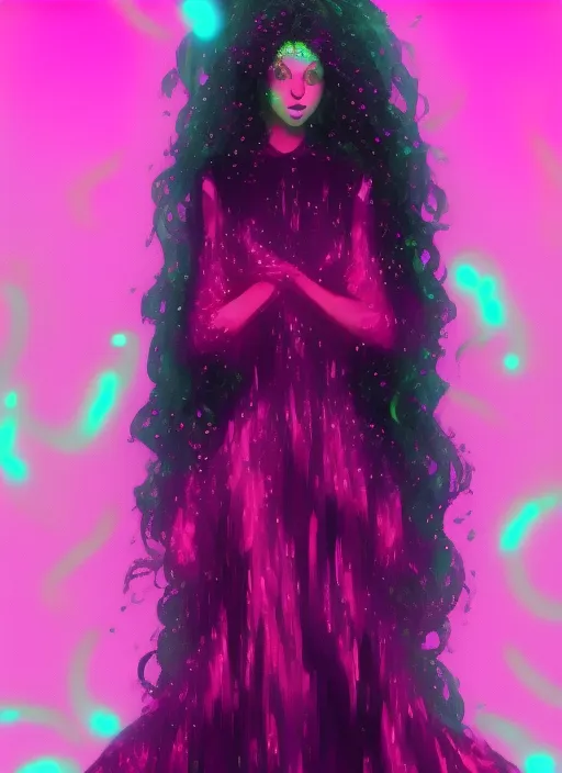 Wearing a Neon pink Glitter Long Tail Dress Walking the Digital Runway, Retrowave, Synthwave, 8K, Land Art, Acting Headshot, Celestial. Verdant, 8k, Semi Realistic Gouache Painting, Cyberpunk Art, HDR. Add gorgeous curls that flowy and bouncy.