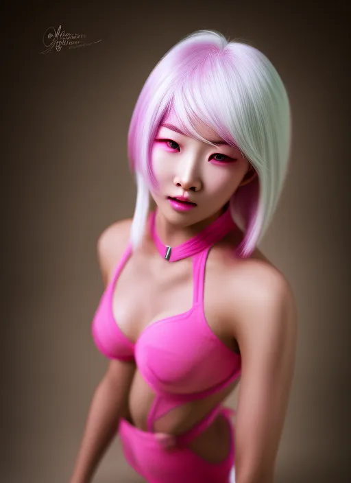 mdjrny-v4, medium legth white hair, a young South korean wearing pink 2 piece outfit proportional body, a highly detailed face by Greg Rutkowski and Magali Villeneuve, beautiful eyes, toned body, cinematic lighting, depth of field, photography