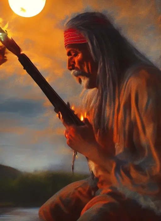 A native american man, playing the flute, next to the fire, at night with full moon, next to the river, cosmic, mystic, shamanic, 8k, hyper realistic, best quality, amazing style.