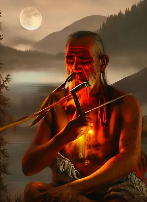 A native american man, playing the flute, next to the fire, at night with full moon, next to the river, cosmic, mystic, shamanic, 8k, hyper realistic, best quality, amazing style.
