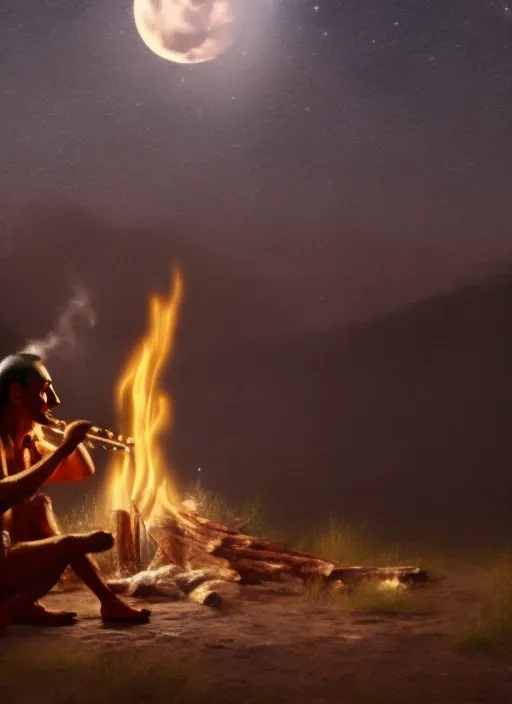 A native american man, playing the flute, next to the fire, at night with full moon, next to the river, cosmic, mystic, shamanic, 8k, hyper realistic, best quality, amazing style.