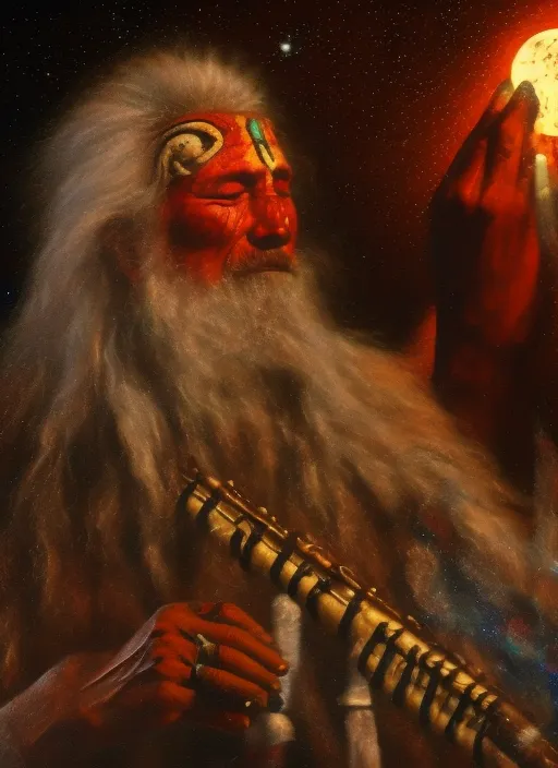 a native american man, playing a flute, next to the fire, in a night full of stars, with full moon, one river, and one white Wolf, 8K, hyper realistic, detailed, cosmic, shaman, ritual.