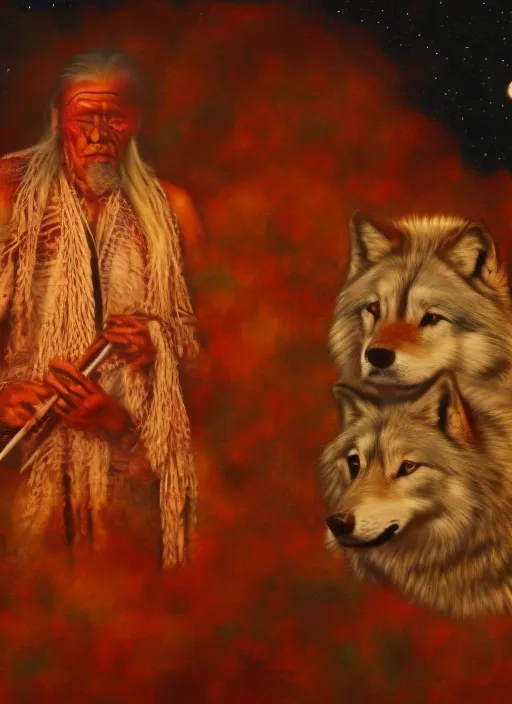 a native american man, playing a flute, next to the fire, in a night full of stars, with full moon, one river, and one white Wolf, 8K, hyper realistic, detailed, cosmic, shaman, ritual.