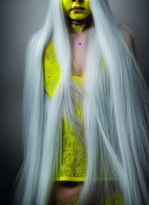 mdjrny-v4, long length white hair, a young South Korean wearing a neon yellow 2 piece outfit proportional body, a highly detailed face by Greg Rutkowski and Magali Villeneuve, beautiful eyes, toned body, cinematic lighting, depth of field, photography