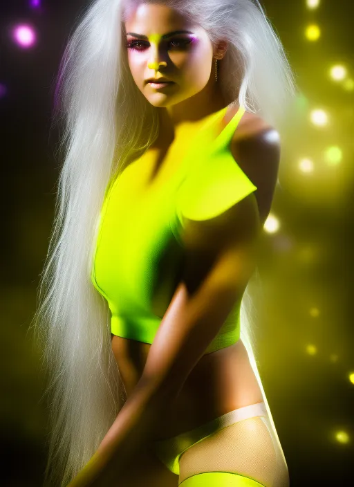 mdjrny-v4, long length white hair, a beautiful Selena Gomez wearing a neon yellow glitter 2 piece outfit proportional body, a highly detailed face by Greg Rutkowski and Magali Villeneuve, beautiful eyes, toned body, cinematic lighting, depth of field, photography