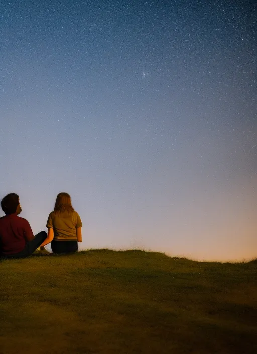 couple is sitting on the hill top watching night stars


