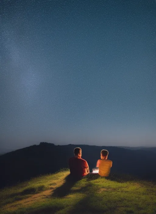 couple is sitting on the hill top watching night stars artificial intelegent



