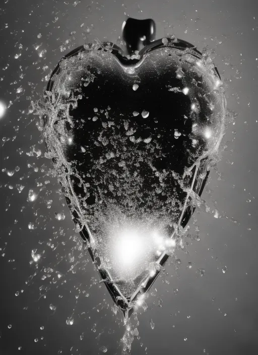 a black and white photo of a real human heart
 with sprinkles. water, liquid, petal, flash photography, art, . the splashes scatter and shimmer
