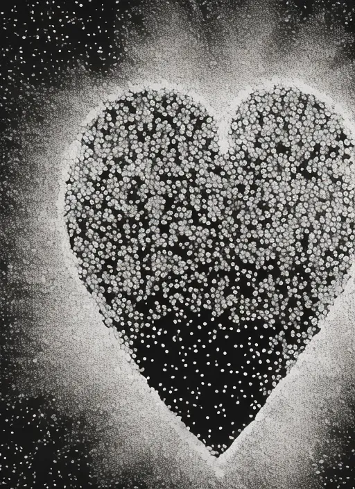 a black and white photo of a real human heart
 with sprinkles. water, liquid, petal, flash photography, art, . the splashes scatter and shimmer
