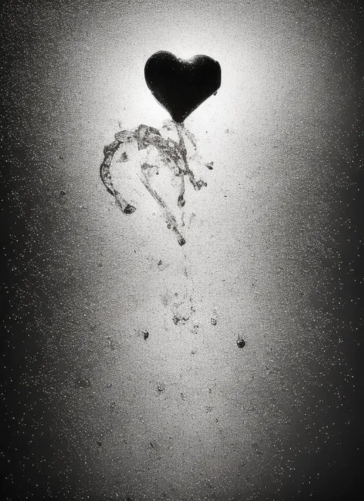 a black and white photo of a real human heart
 with sprinkles. water, liquid, petal, flash photography, art, . the splashes scatter and shimmer
