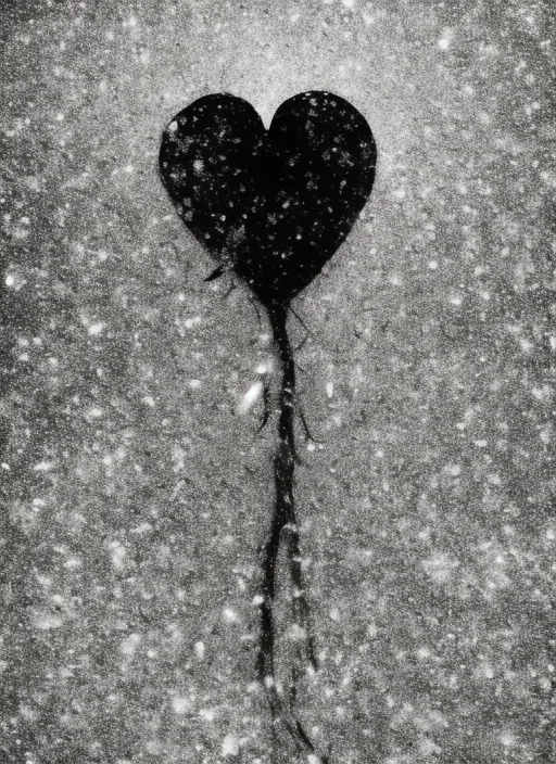 a black and white photo of a real human heart
 with sprinkles. water, liquid, petal, flash photography, art, . the splashes scatter and shimmer
