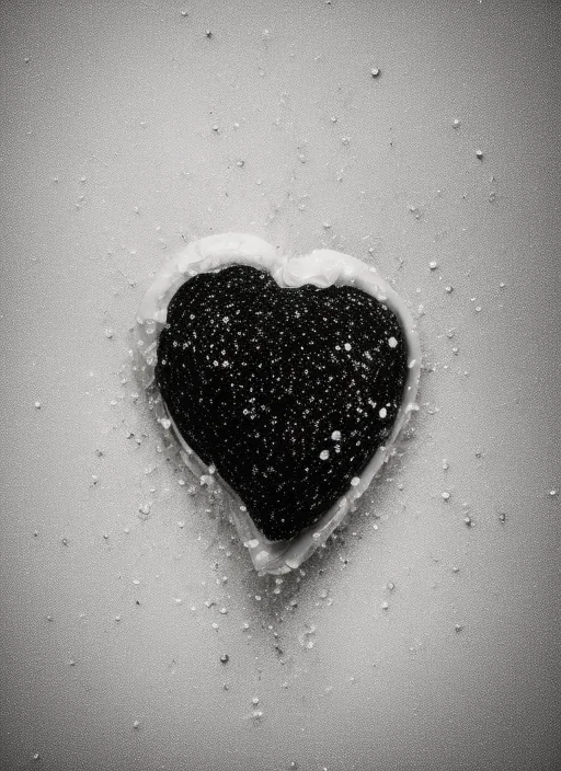a black and white photo of a real human heart
 with sprinkles. water, liquid, petal, flash photography, art, . the splashes scatter and shimmer
