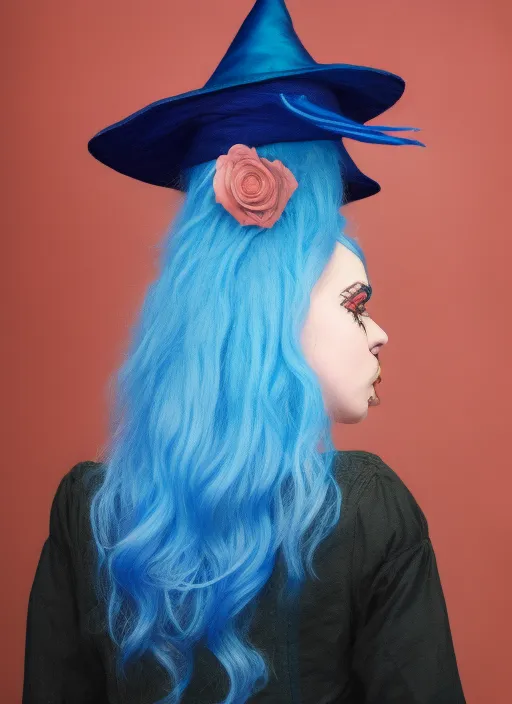 Full prompt: a woman with blue hair and a witch's hat. she's a witch 