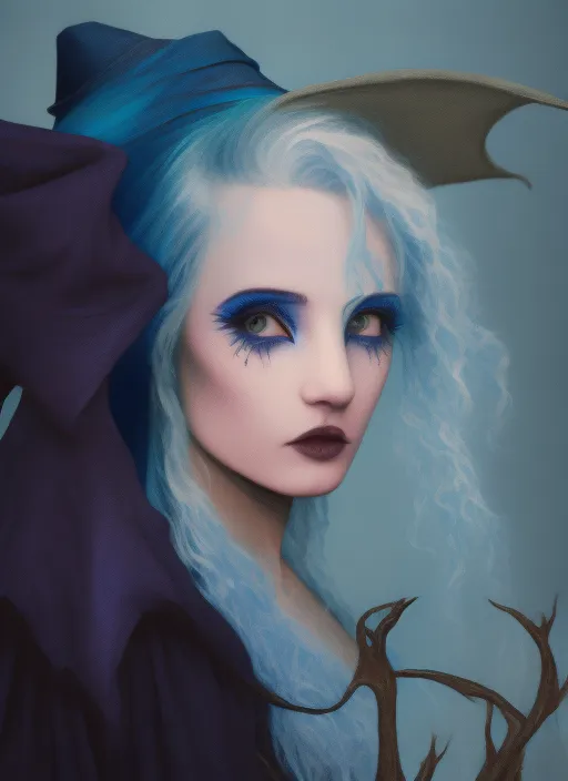 Full prompt: a woman with blue hair and a witch's hat. she's a witch 
