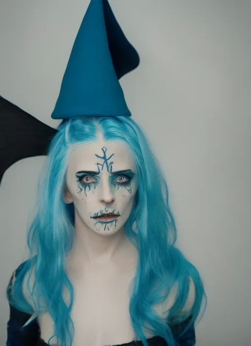 Full prompt: a woman with blue hair and a witch's hat. she's a witch 