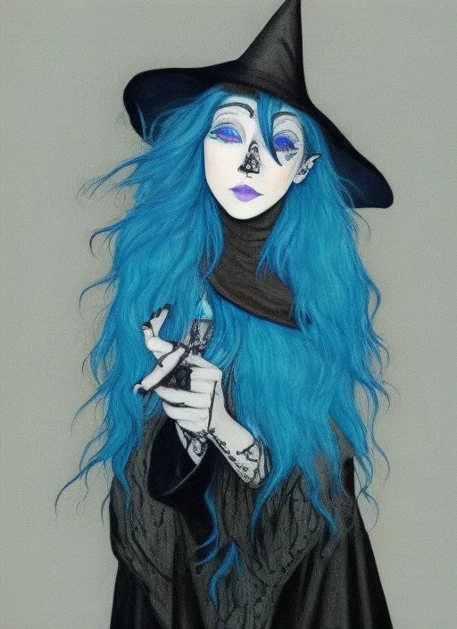 Full prompt: a woman with blue hair and a witch's hat. she's a witch 
